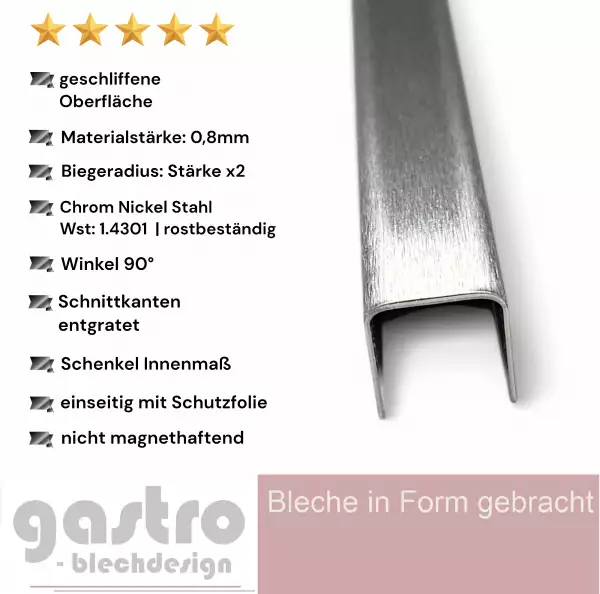 Edelstahl U Profil , K240 geschliffen, 0,8mm stark, Einfassprofil